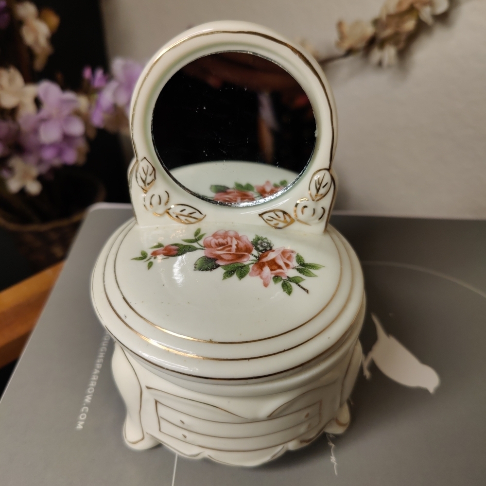 Vintage Jewelry Trinket Box Floral Dresser With Mirror Ring Vanity Ceramic Japan
